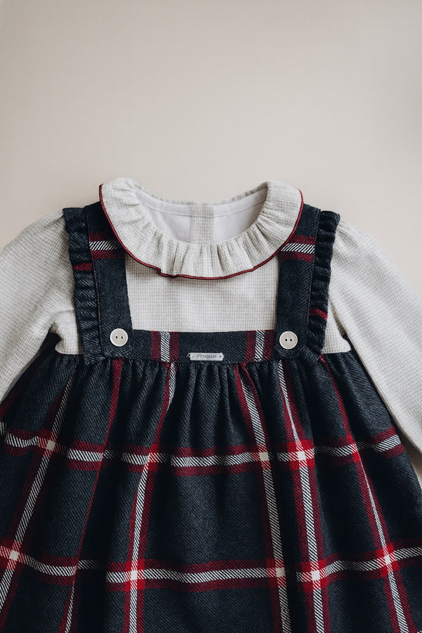 Vestido Punto Tela Gris Cuadros Rojos