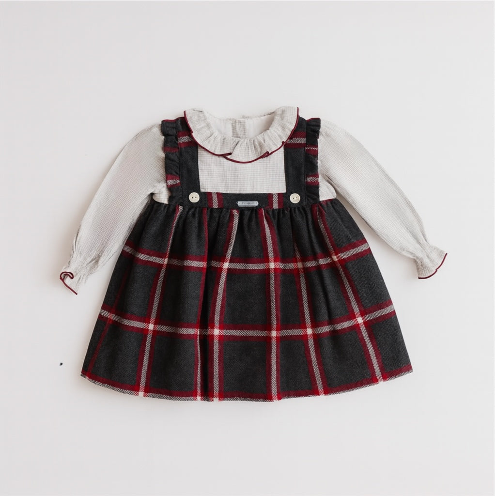 Vestido Punto Tela Gris Cuadros Rojos