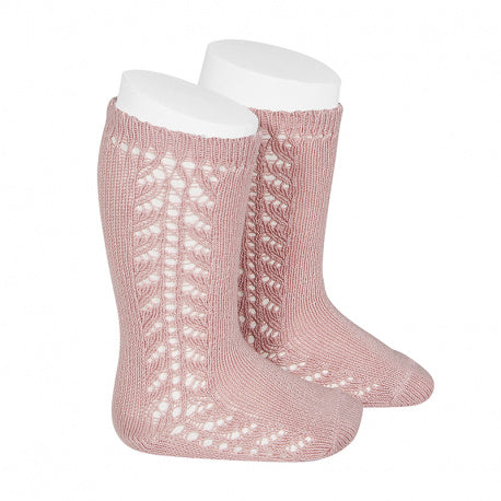 Calcetines Altos Algodon Con Calado Lateral Rosa Palo
