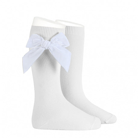 Calcetines Altos Con Lazo Terciopelo Blanco